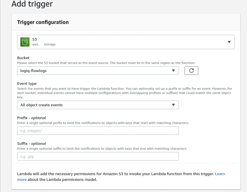 Forwarding AWS S3 logs to Apica 3 Configuring the S3 trigger