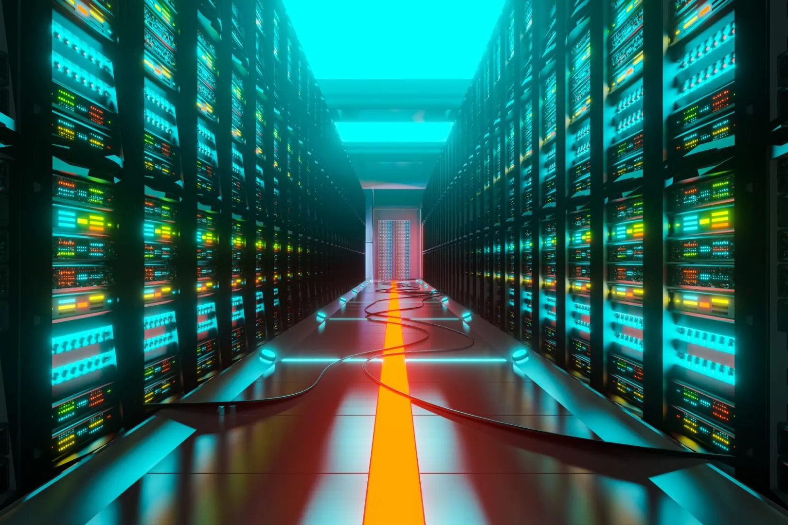 Machine Data vs Machine Learning: What’s the Difference? 1 Data center with server racks in a corridor room. 3render of digital